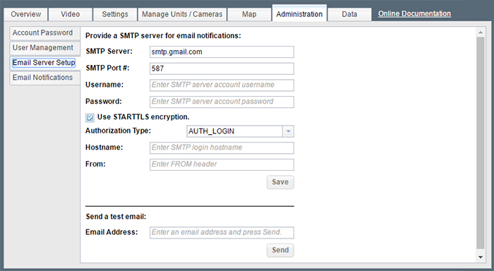 Email Server Setup Admin Tab