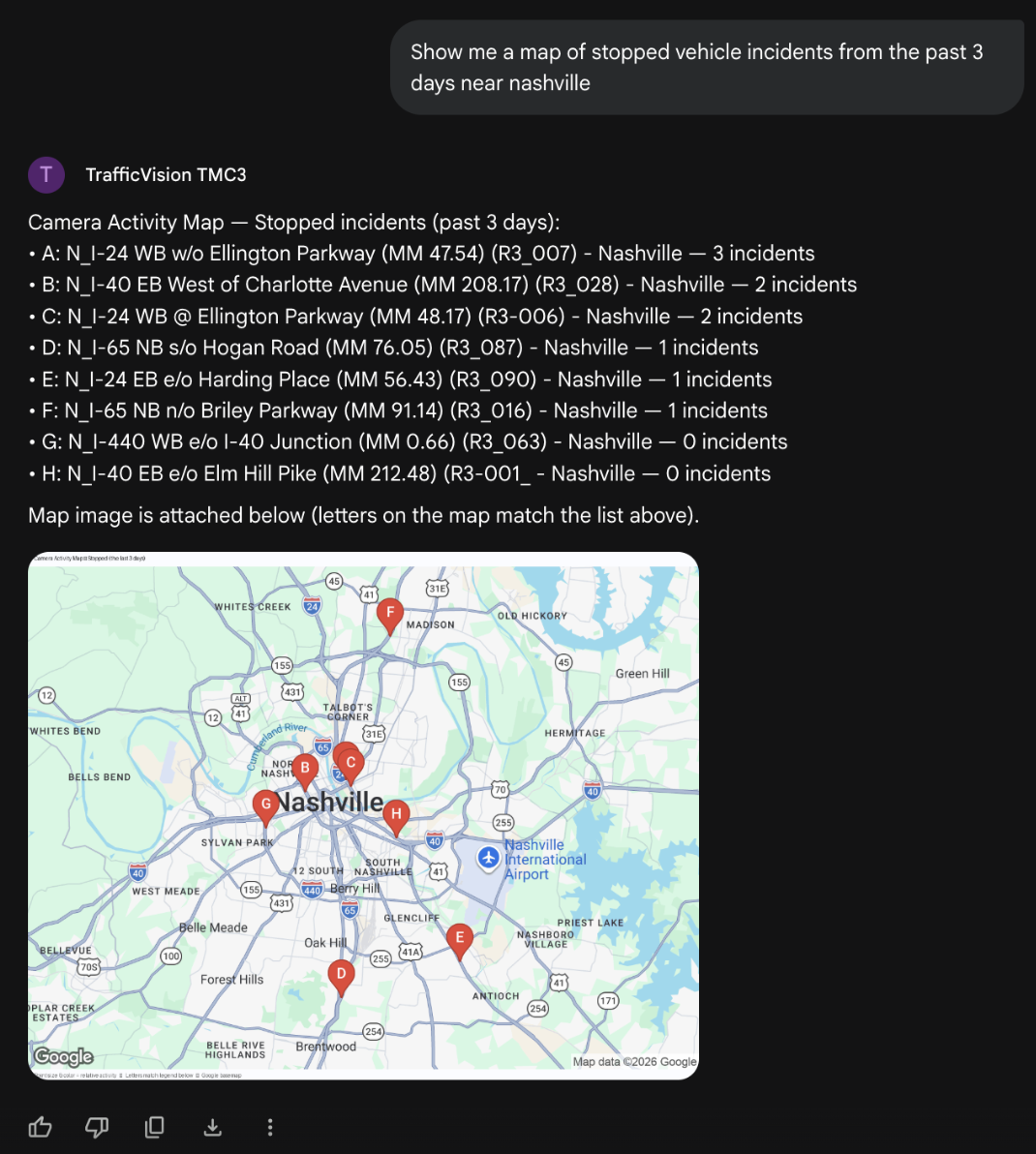 Gemini chat with map of stopped vehicle incidents near Nashville