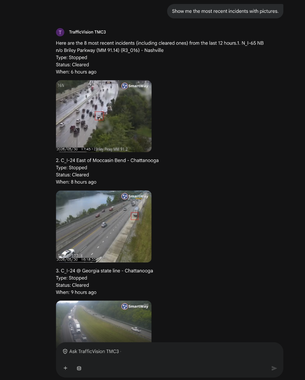 Gemini chat showing most recent incidents with camera snapshot images
