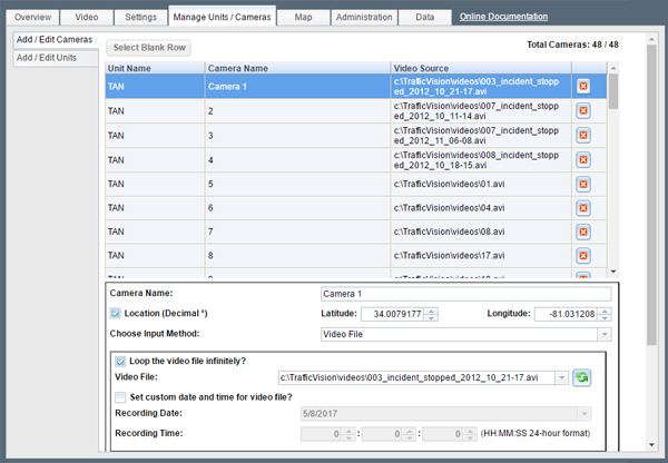 Manage Units Cameras Tab