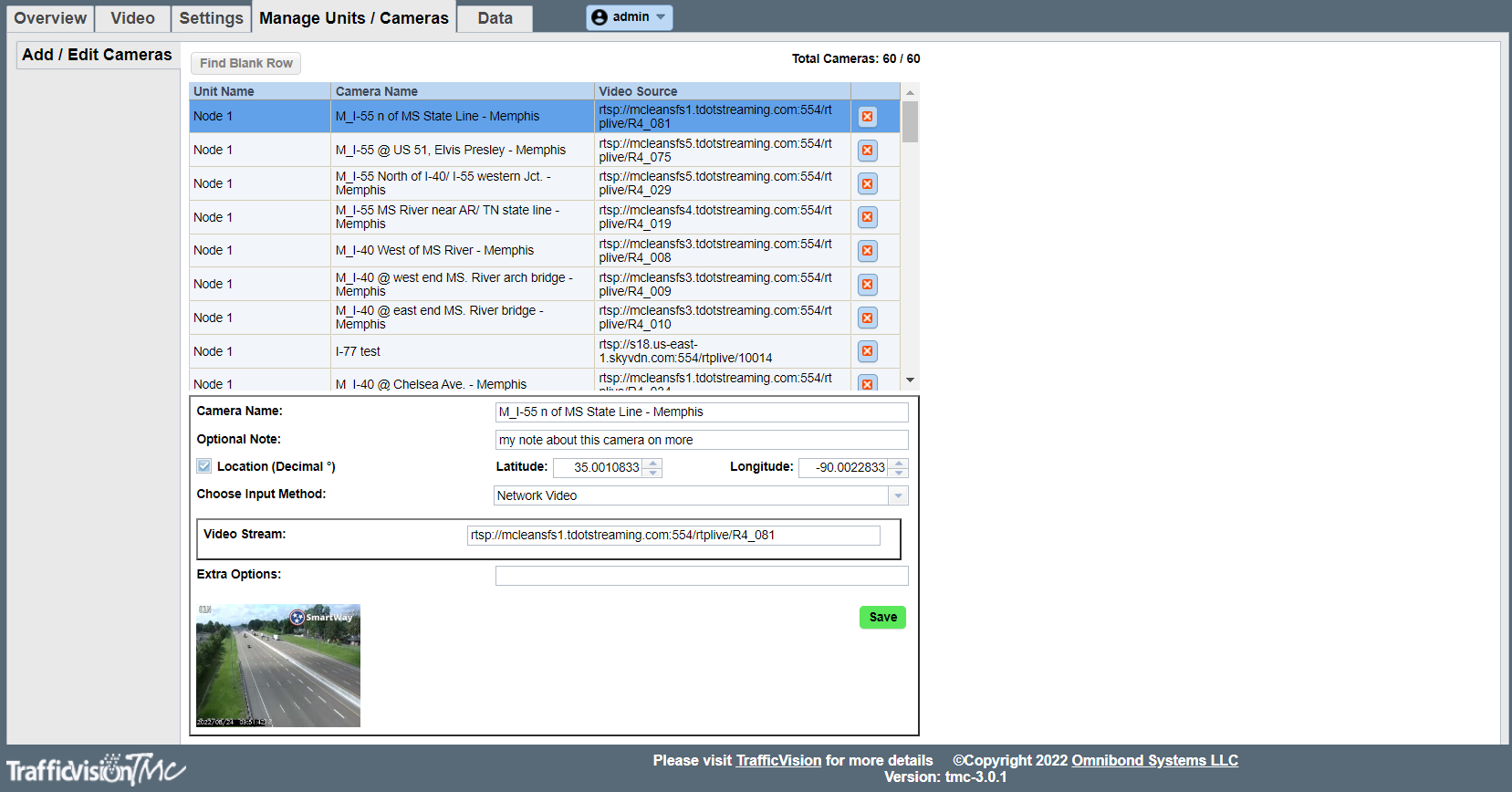 Manage Units Cameras Tab